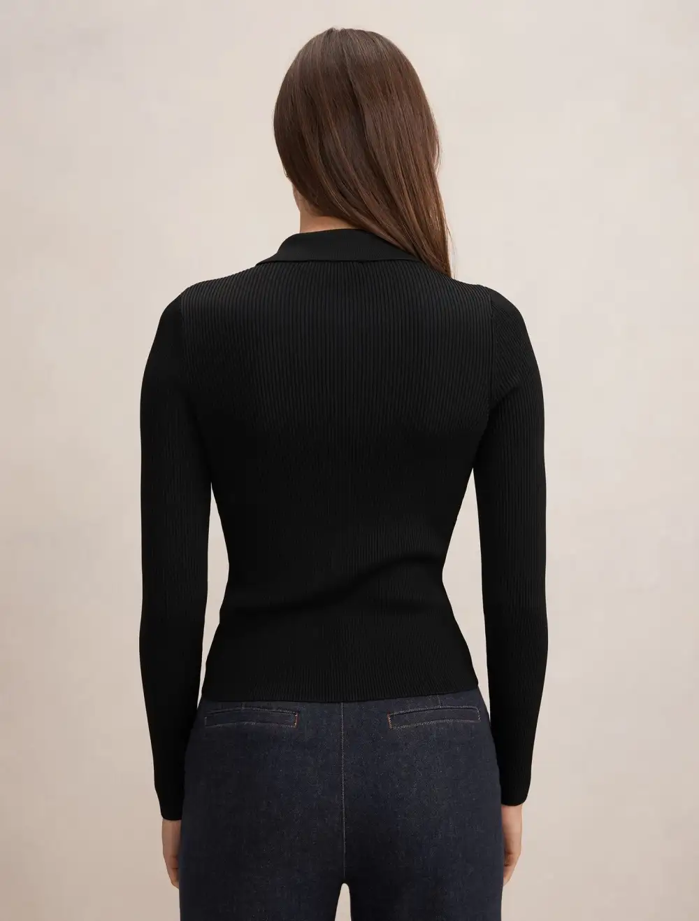 Black Ribbed Knit Long Sleeve Polo Top