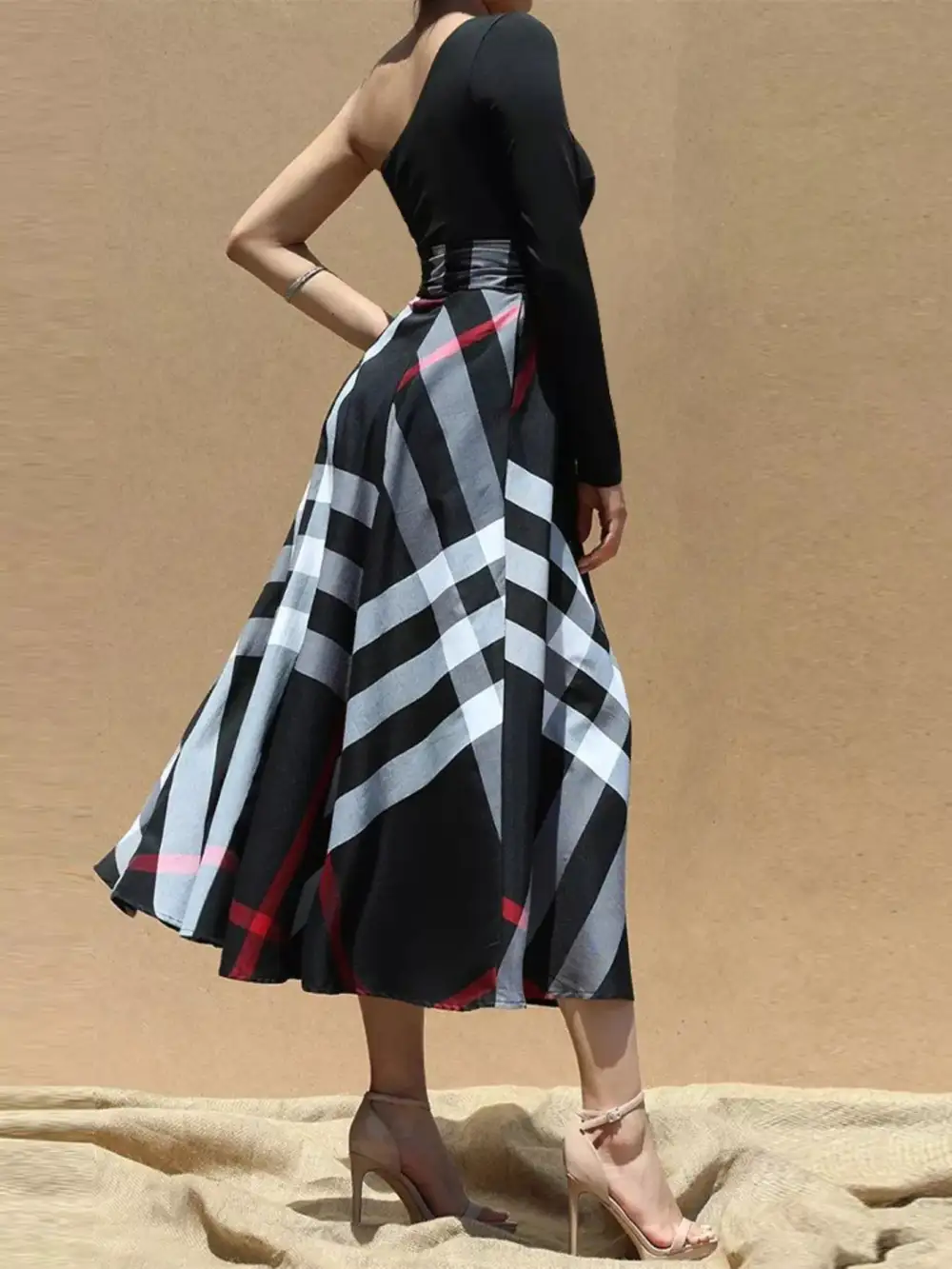 Asymmetrical One-Sleeve Midi Dress with Waist Tie