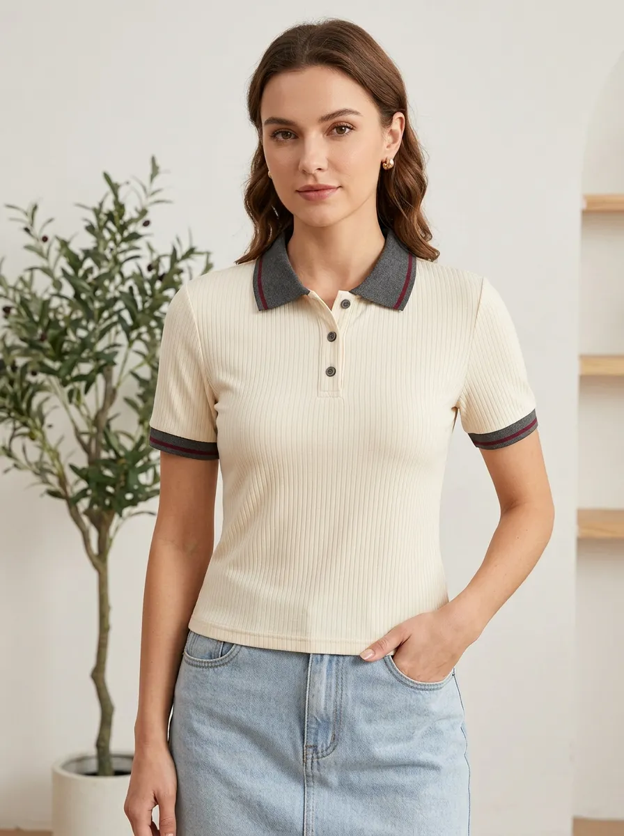 Women's Button-Placket Ribbed-Knit Ribbed Polo Shirt