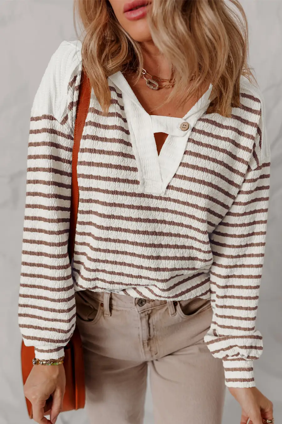 Women's Striped Textured V Neck Top