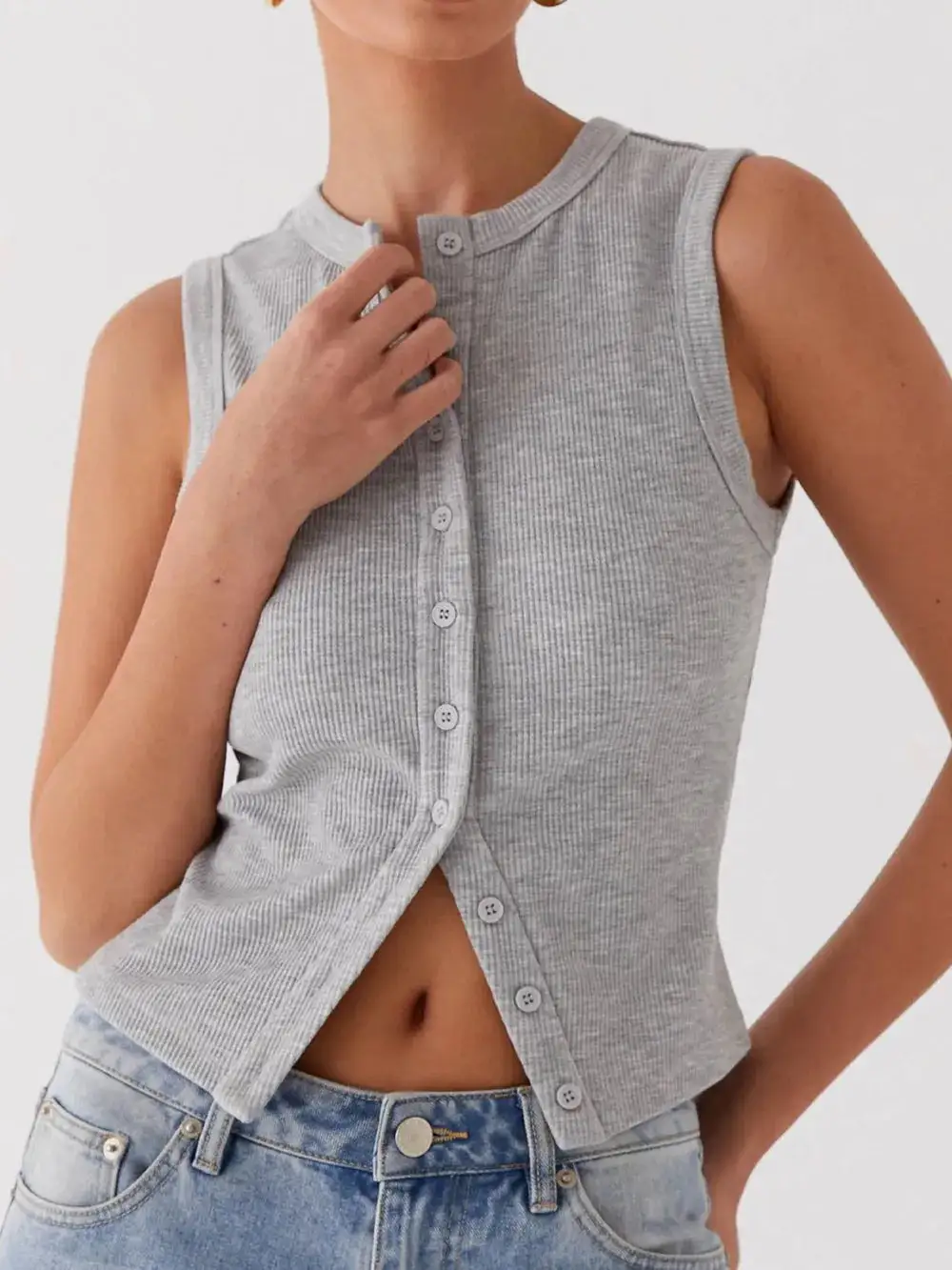 Button Up Round Neck Tank