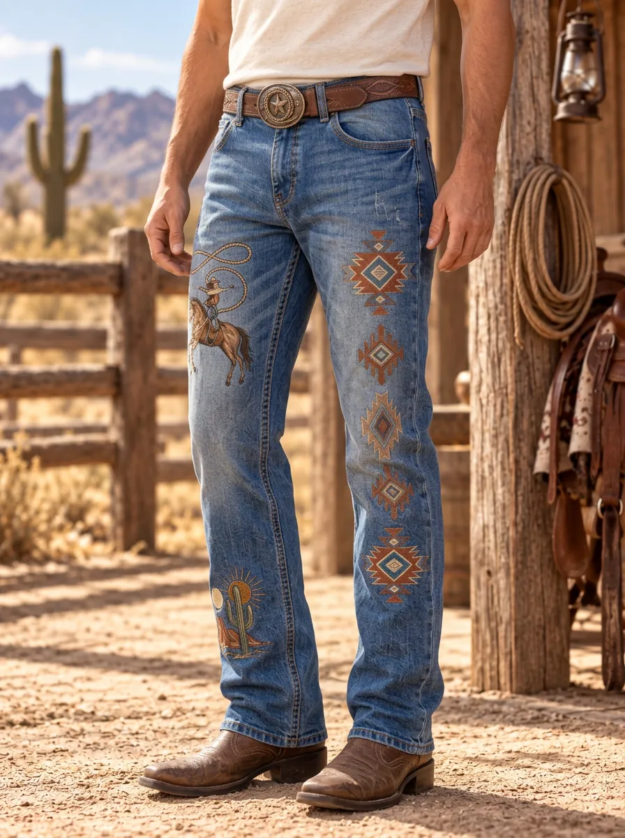 Men's Western Cowboy Rodeo Southwest Printed Jeans