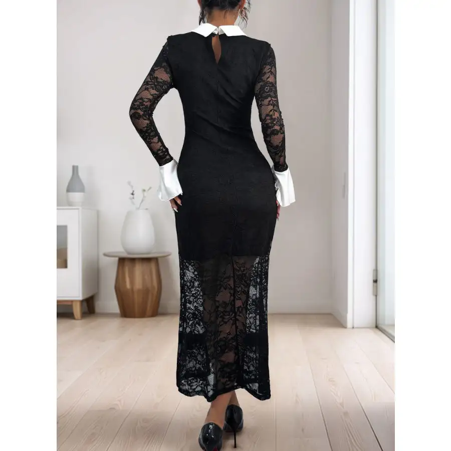 Lace Contrast Collared Neck Long Sleeve Midi Dress