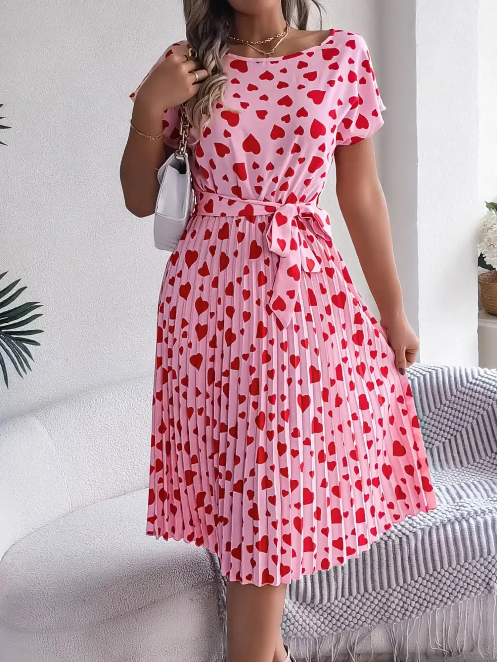 Printed Tie Waist Pleated Midi Dress