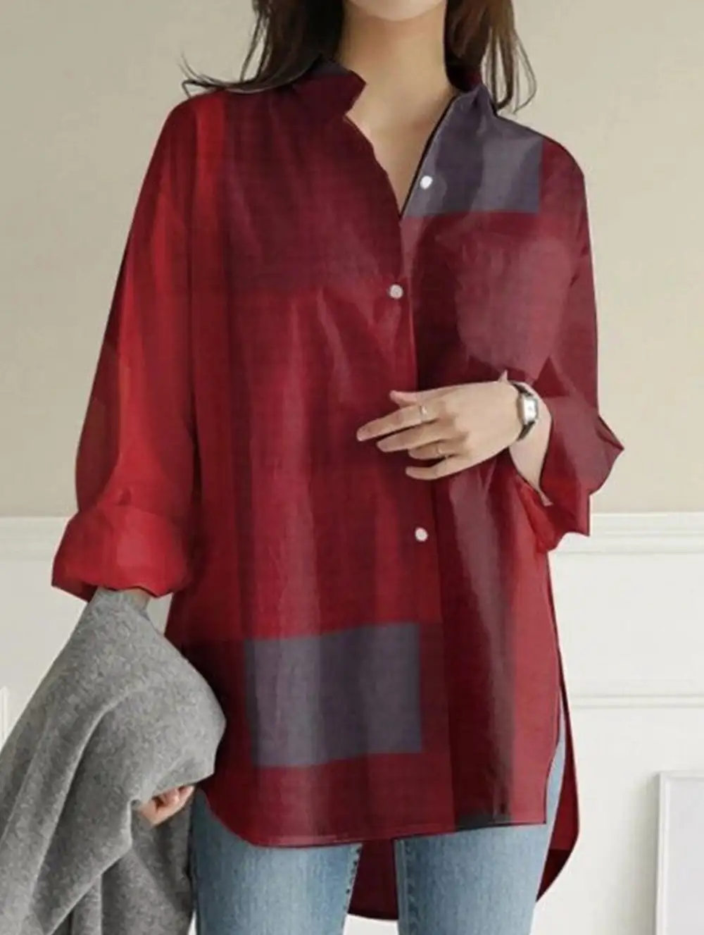 Long-Sleeved Plaid Irregular Shirt