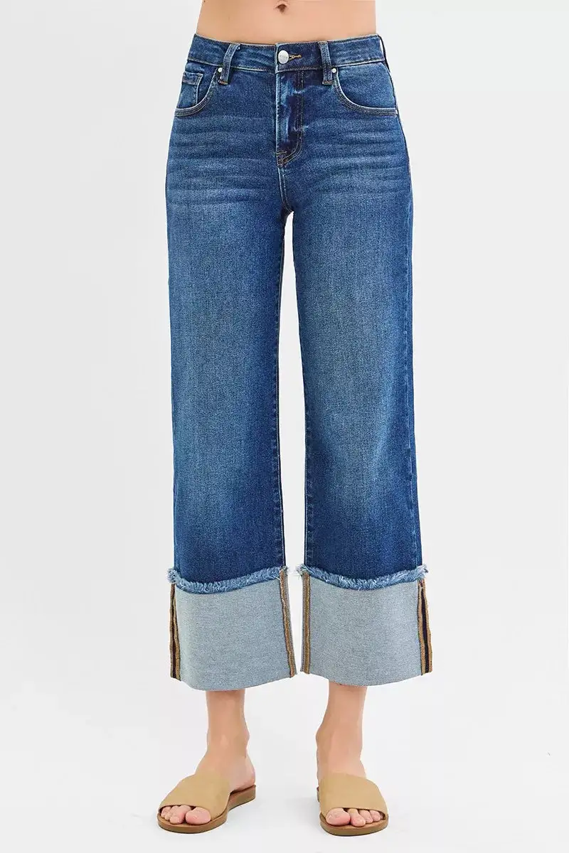 Mid Rise Raw Hem Cuffed Hem Wide Leg Jeans