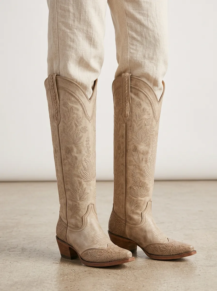 Women's Western Floral Wing Embroidered Embossed Braided Pointed-Toe Denim Over-the-Knee Boots