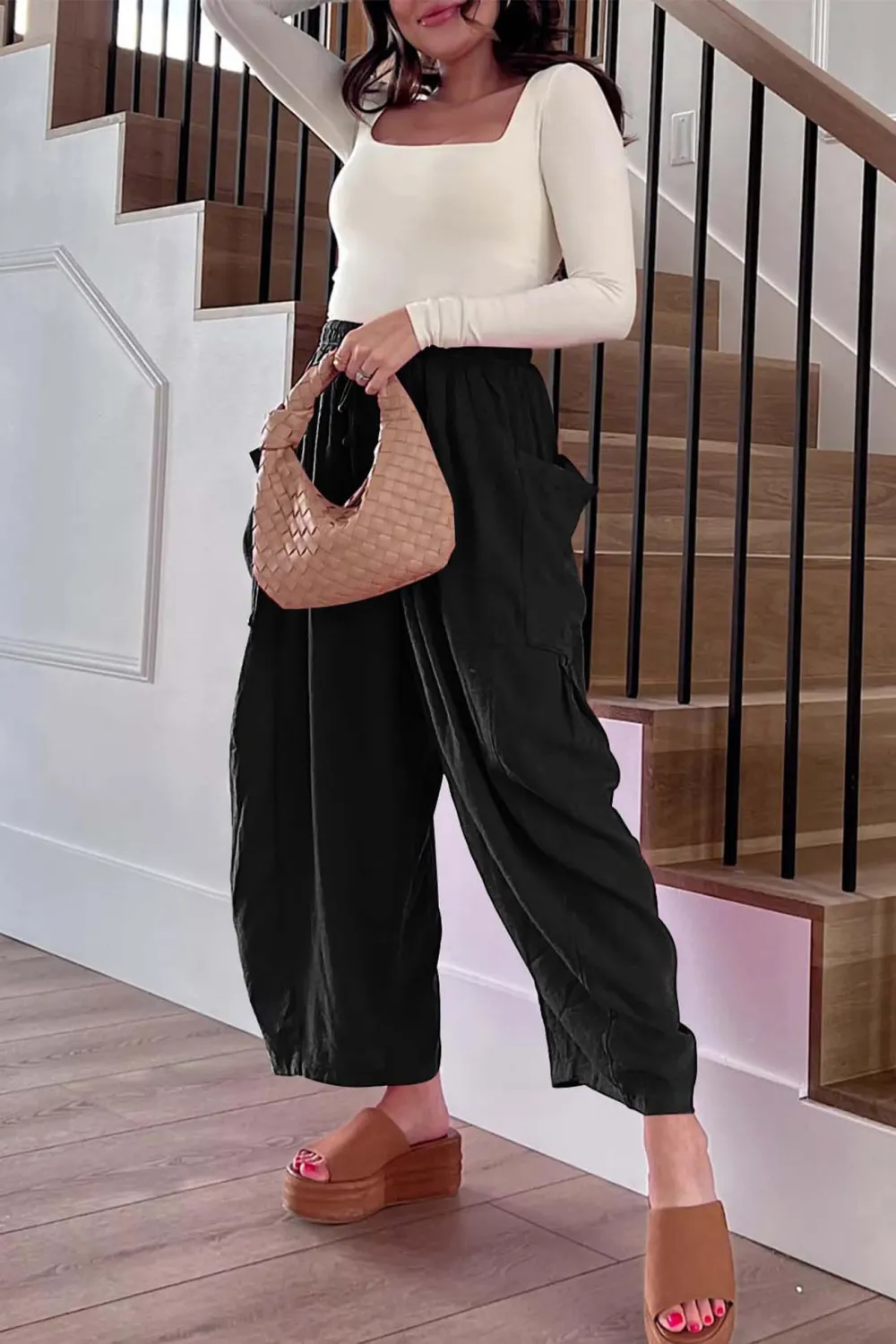 Drawstring Pocket Wide Leg Pants