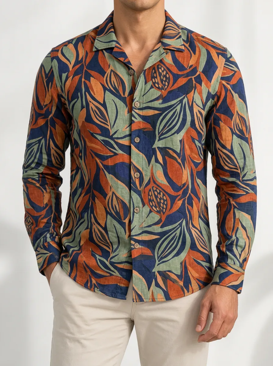 Men's Tropical and Botanical Long Sleeve Button Shirt