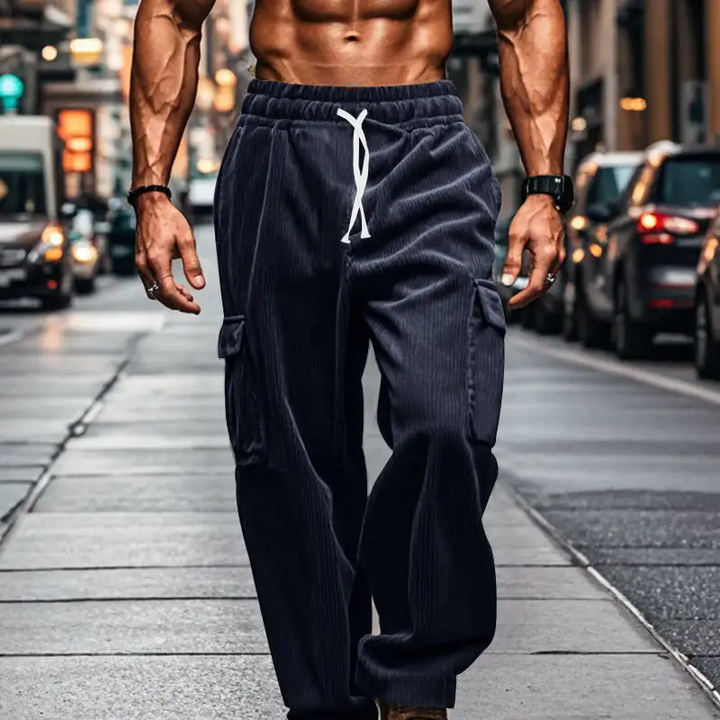 Men's Oversized Corduroy Cargo Pants with Elastic Drawstring Waistband and Multiple Pockets