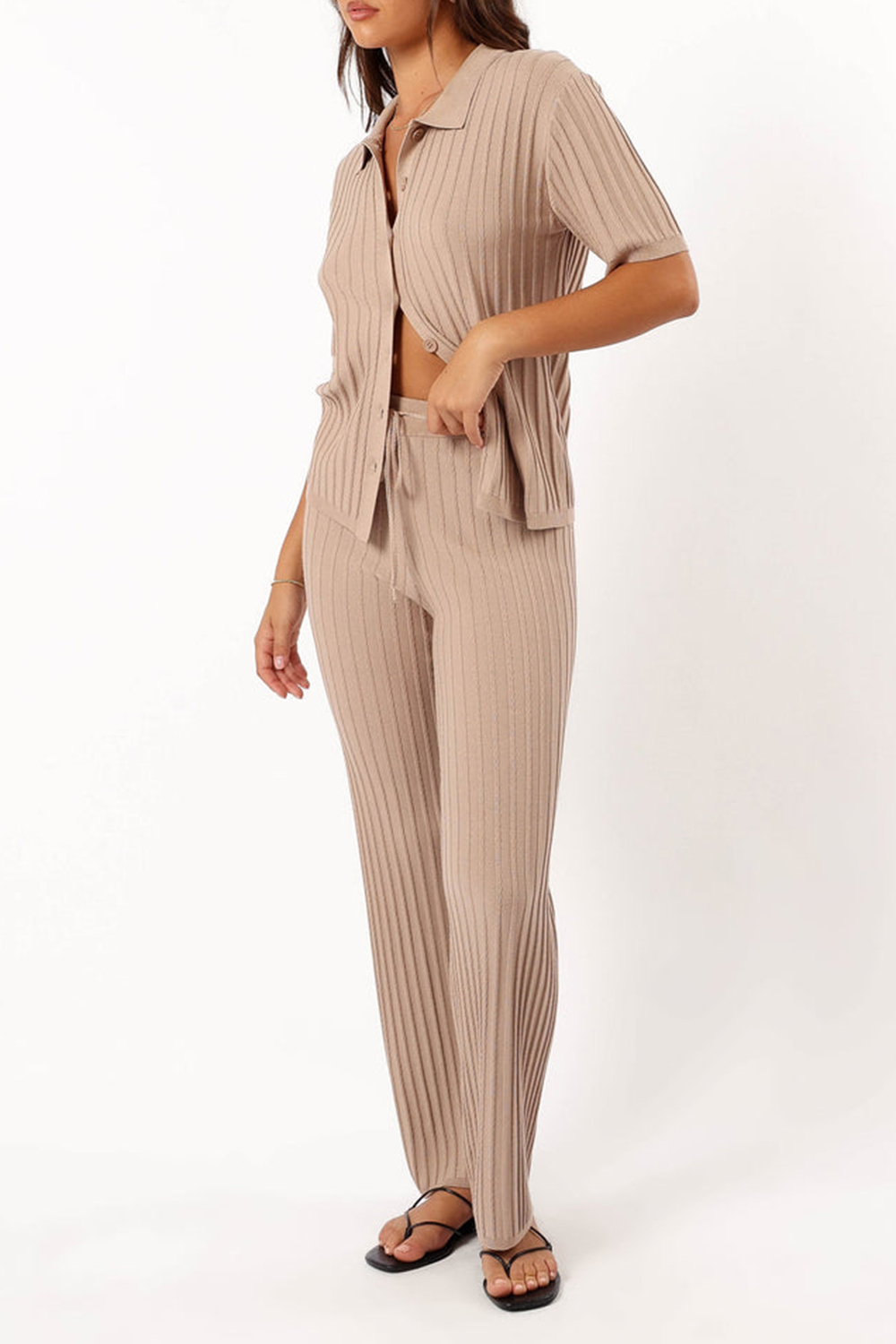 BEIGE VERTICAL STRIPES RIBBED PANT