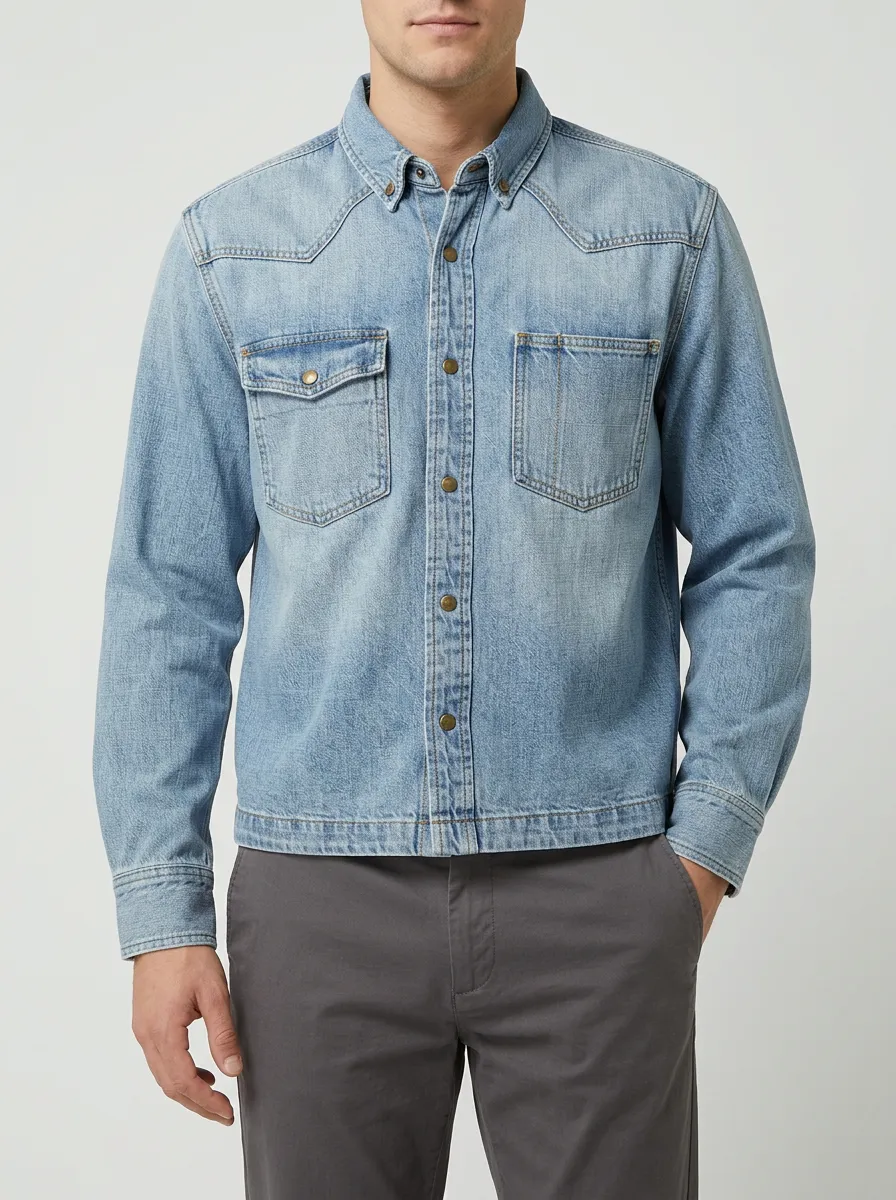 Western-Style Button-Front Denim Shirt with Washed Styling