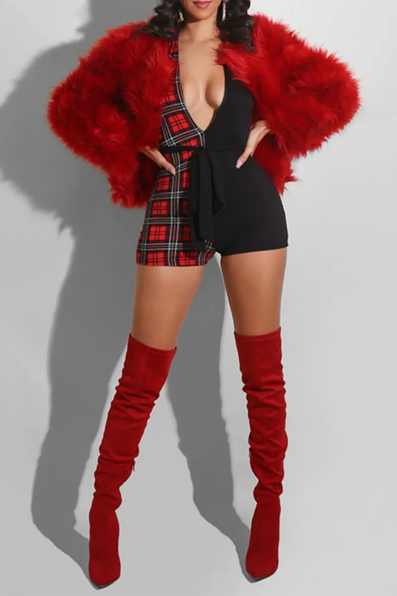 Sexy Plaid Split Joint V Neck Skinny Jumpsuits
