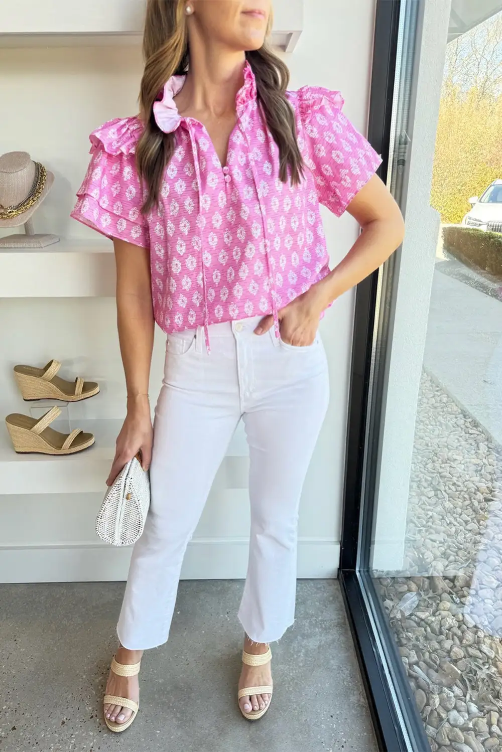 Textured Floral Ruffle Sleeve Blouse