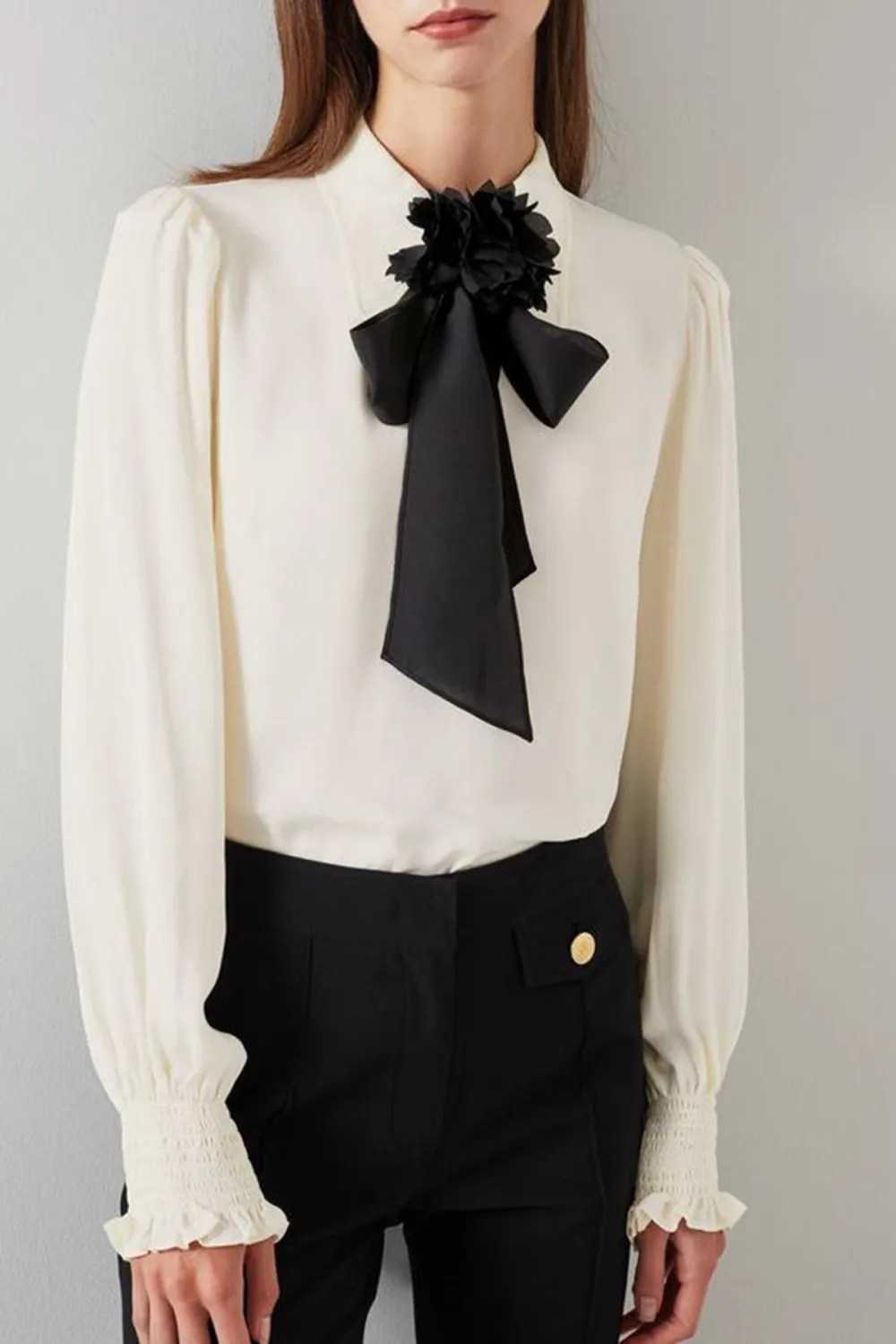 White Long Sleeve Bow Detail Silk Blouse