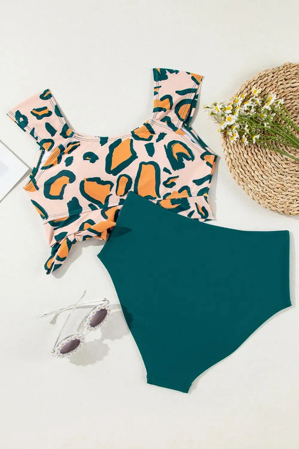 Leopard Print U Neck Knotted Bikini Swim Set