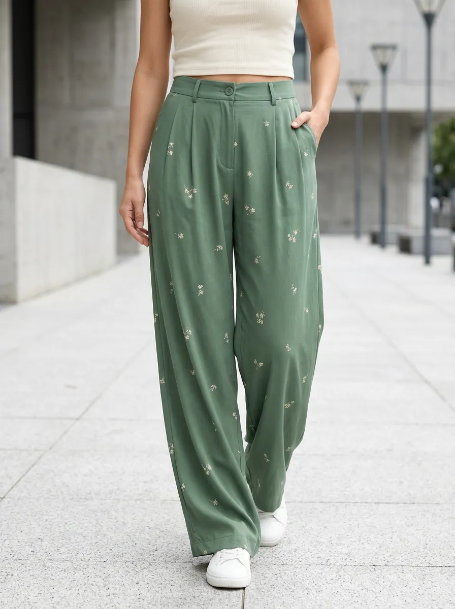 Women's Floral Small Daisy Print Wide-Leg Casual Pants