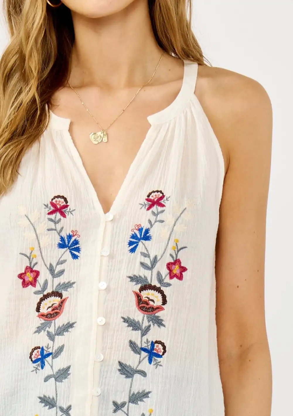 Embroidered Notched Sleeveless Top