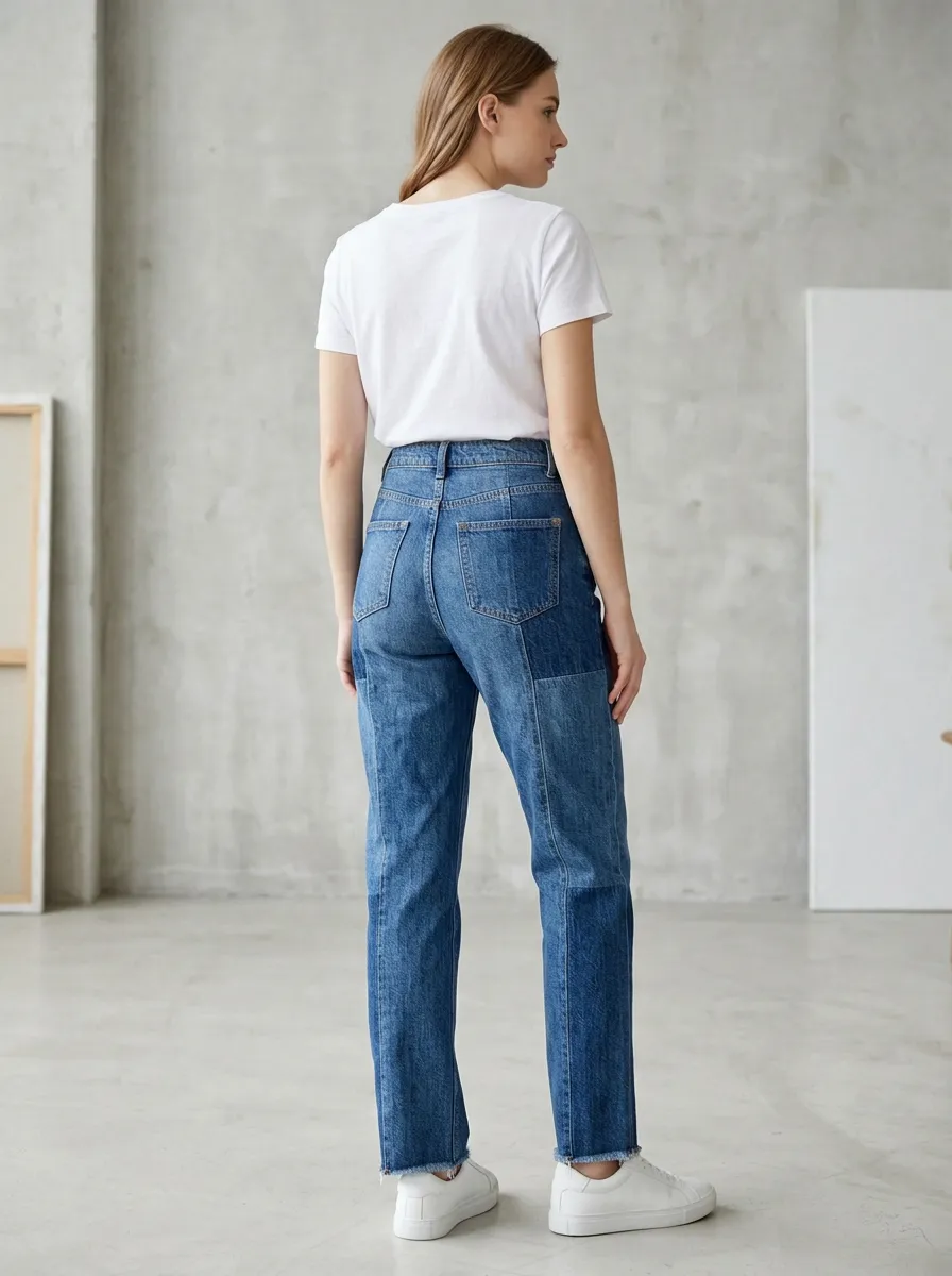 Women's Colorblock Patchwork High-Waisted Raw Hem Denim Jeans