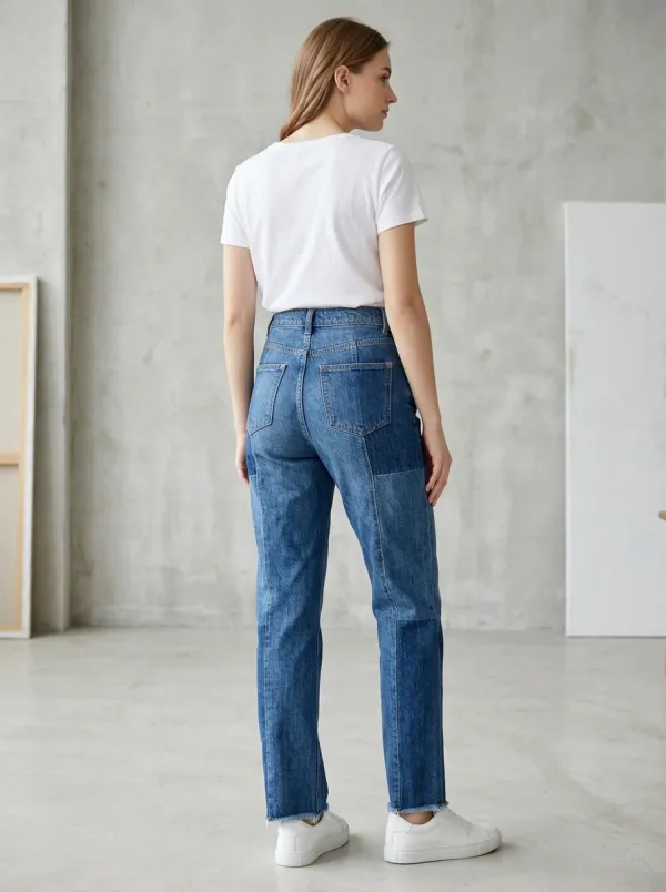 Women's Colorblock Patchwork High-Waisted Raw Hem Denim Jeans