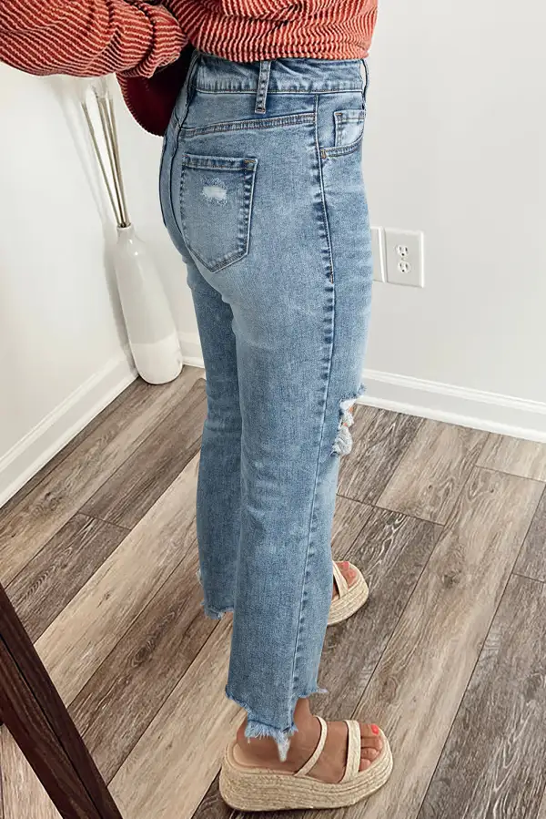 Raw Hem Ripped Open Knee Fit Flare Jeans