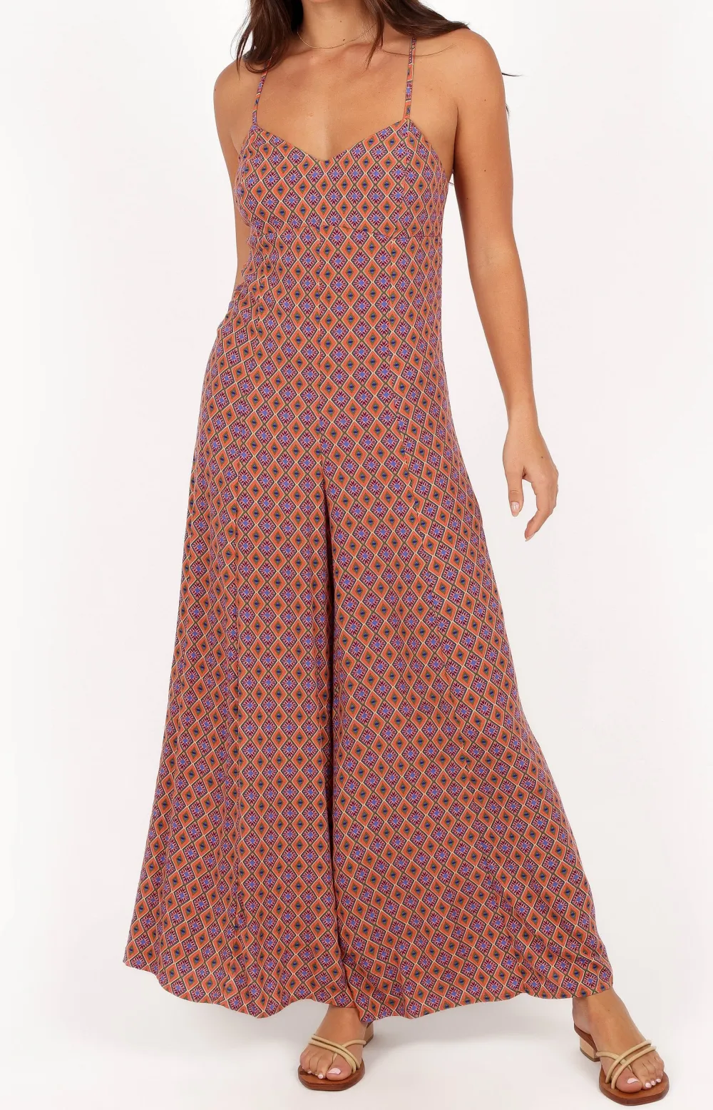 V-Neck Open-Back Wide-Leg Sleeveless Printed Jumpsuit
