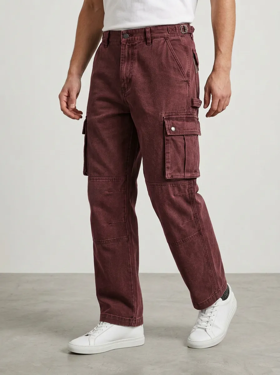 Men's Vintage Washed Grey Multi-Pocket Cargo Pants