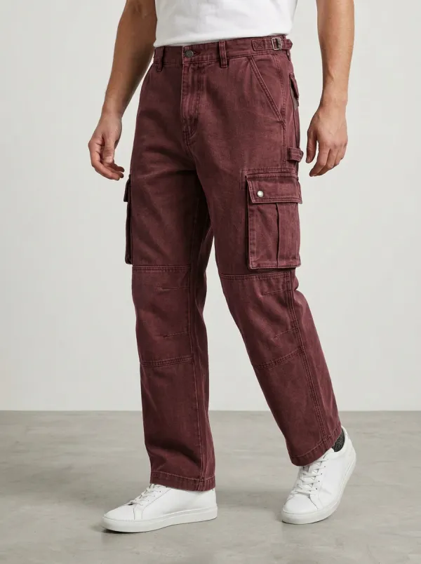 Men's Vintage Washed Grey Multi-Pocket Cargo Pants