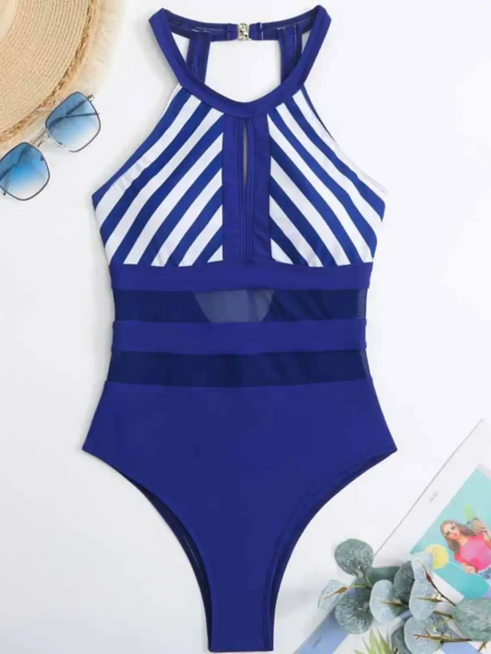 Mesh Detail Backless Striped One Piece Swimsuit