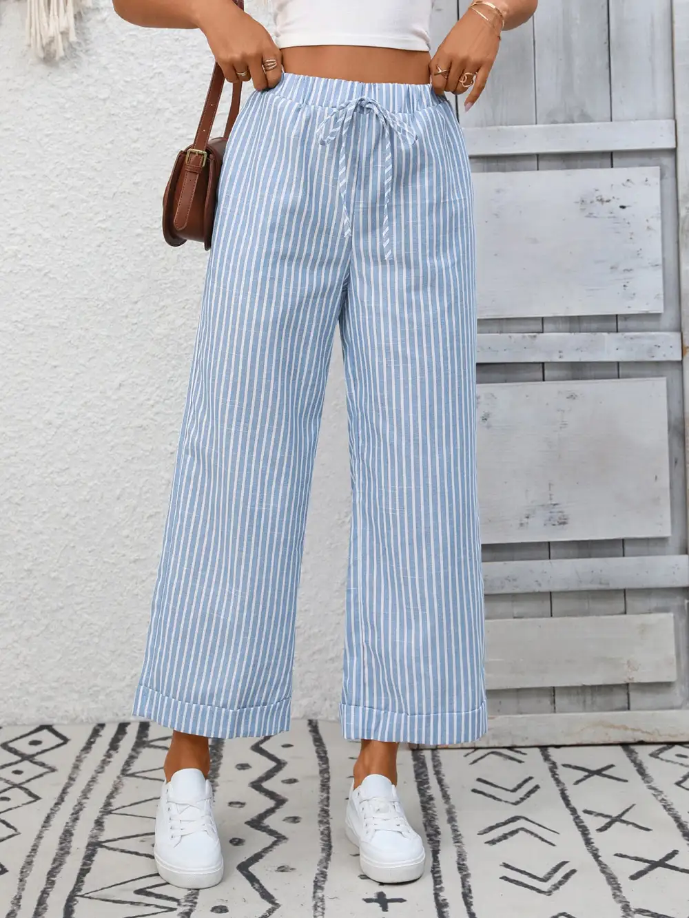 Wide Leg Striped Drawstring Pocketed Pants