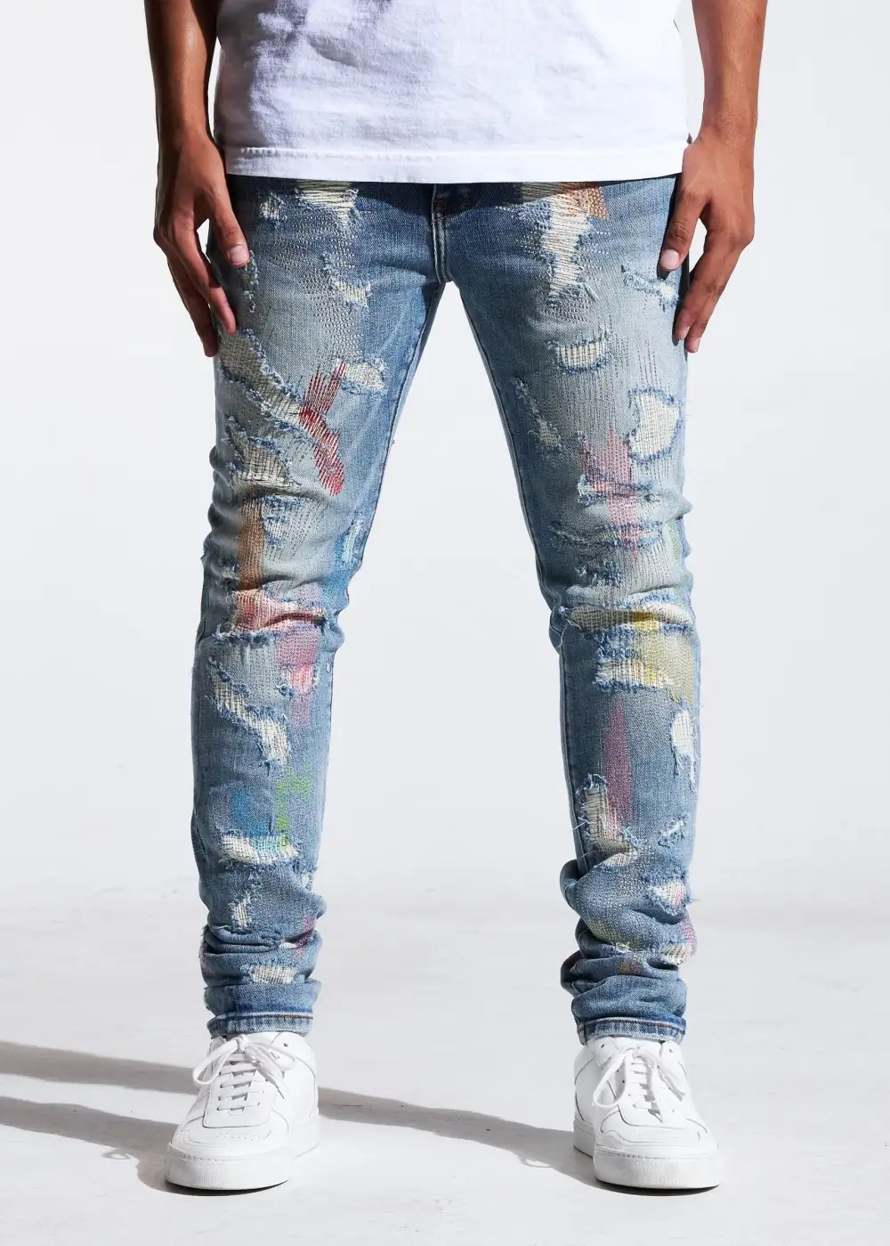 Contrast Stitch Ripped Jeans