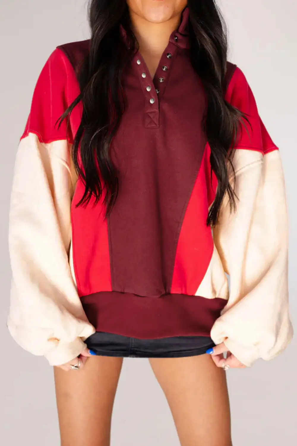Relaxed Patchwork Button Detail Hoodie