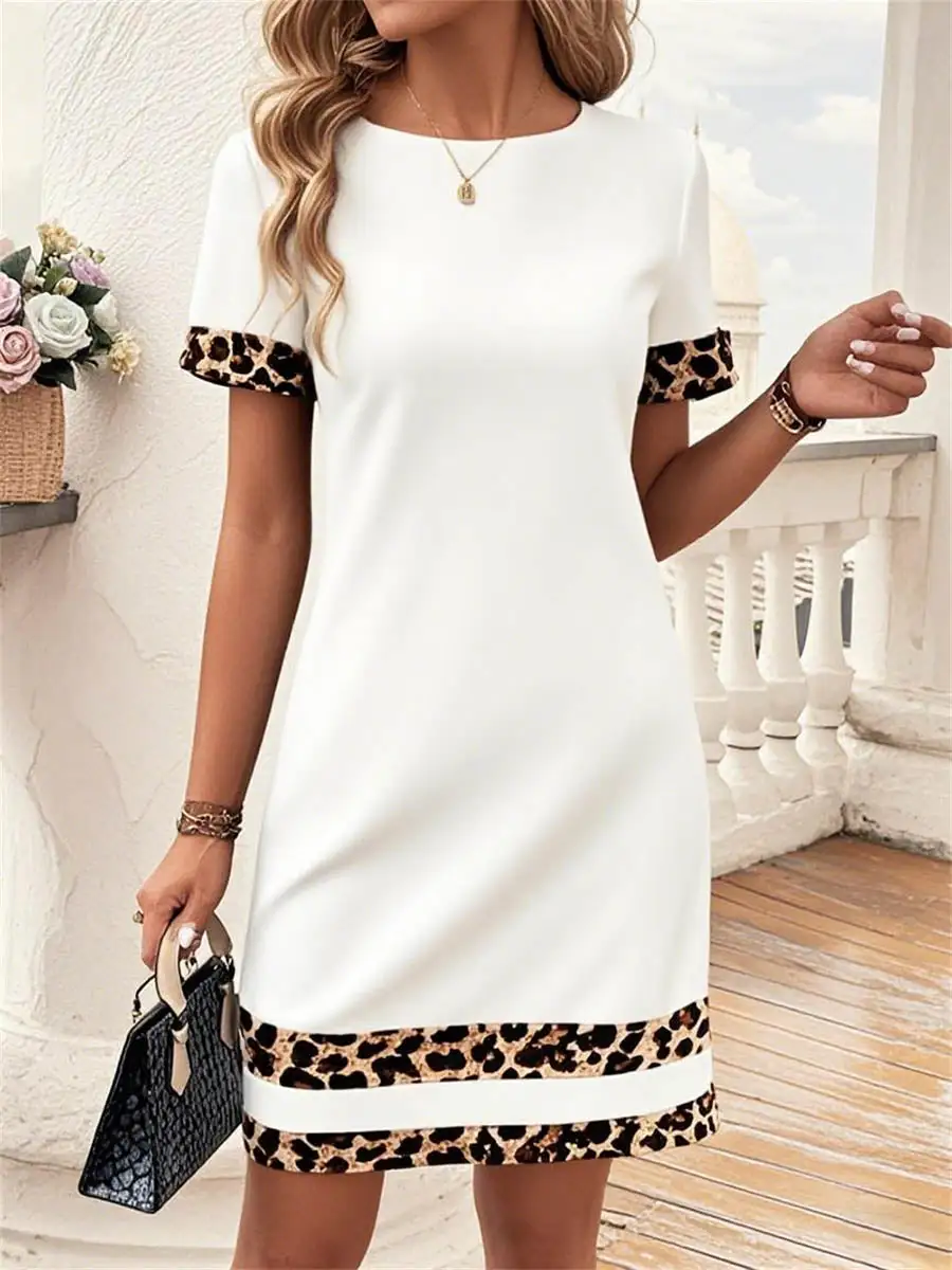 Bodycon Relaxed Contrast Color Leopard Split Joint Round Neck Mini Dress
