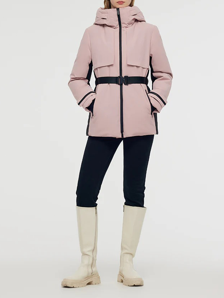 Hooded Goose Down Ski Jacket With Belt