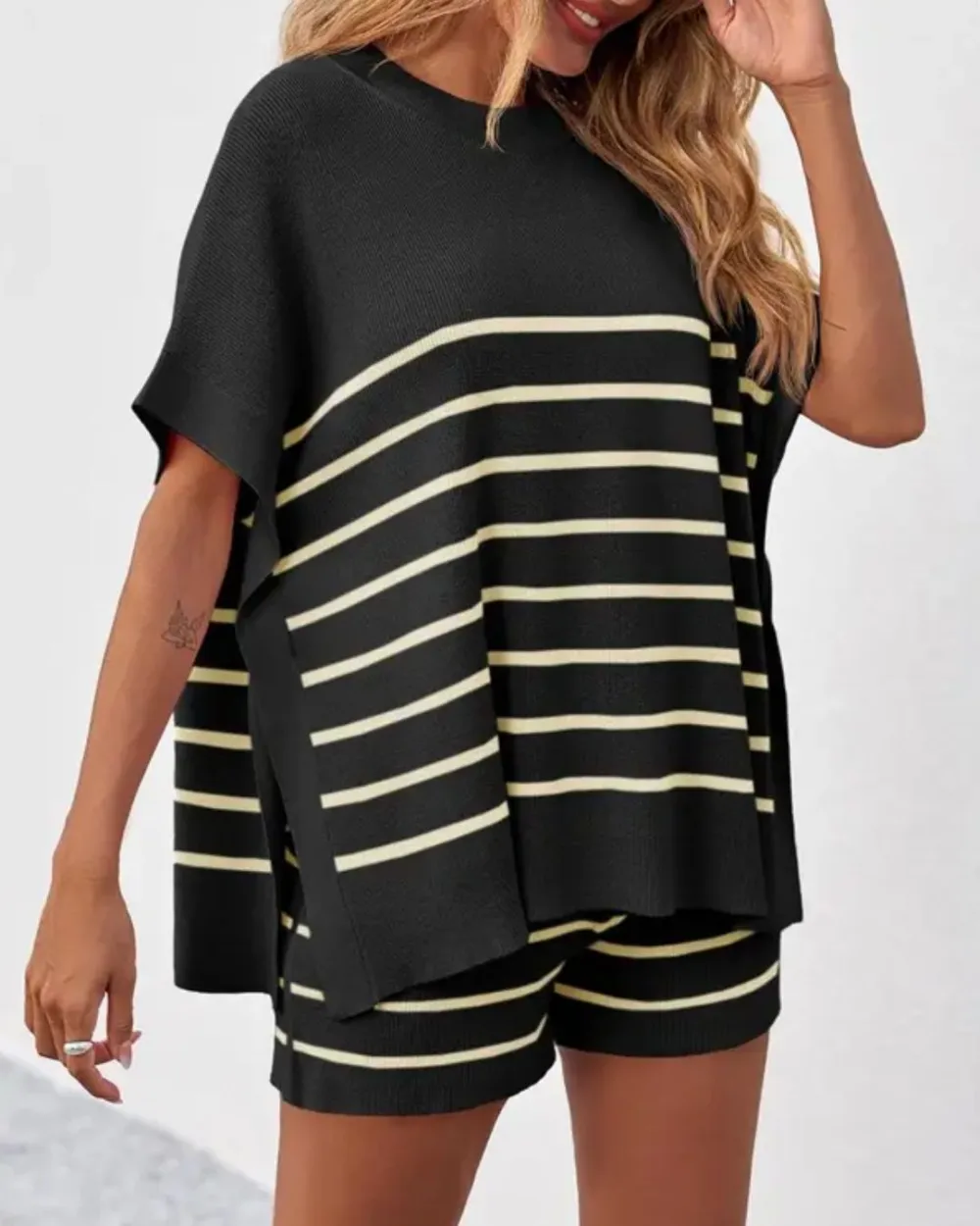 Striped Batwing Top and High-Waist Shorts Two-Piece Lounge Set