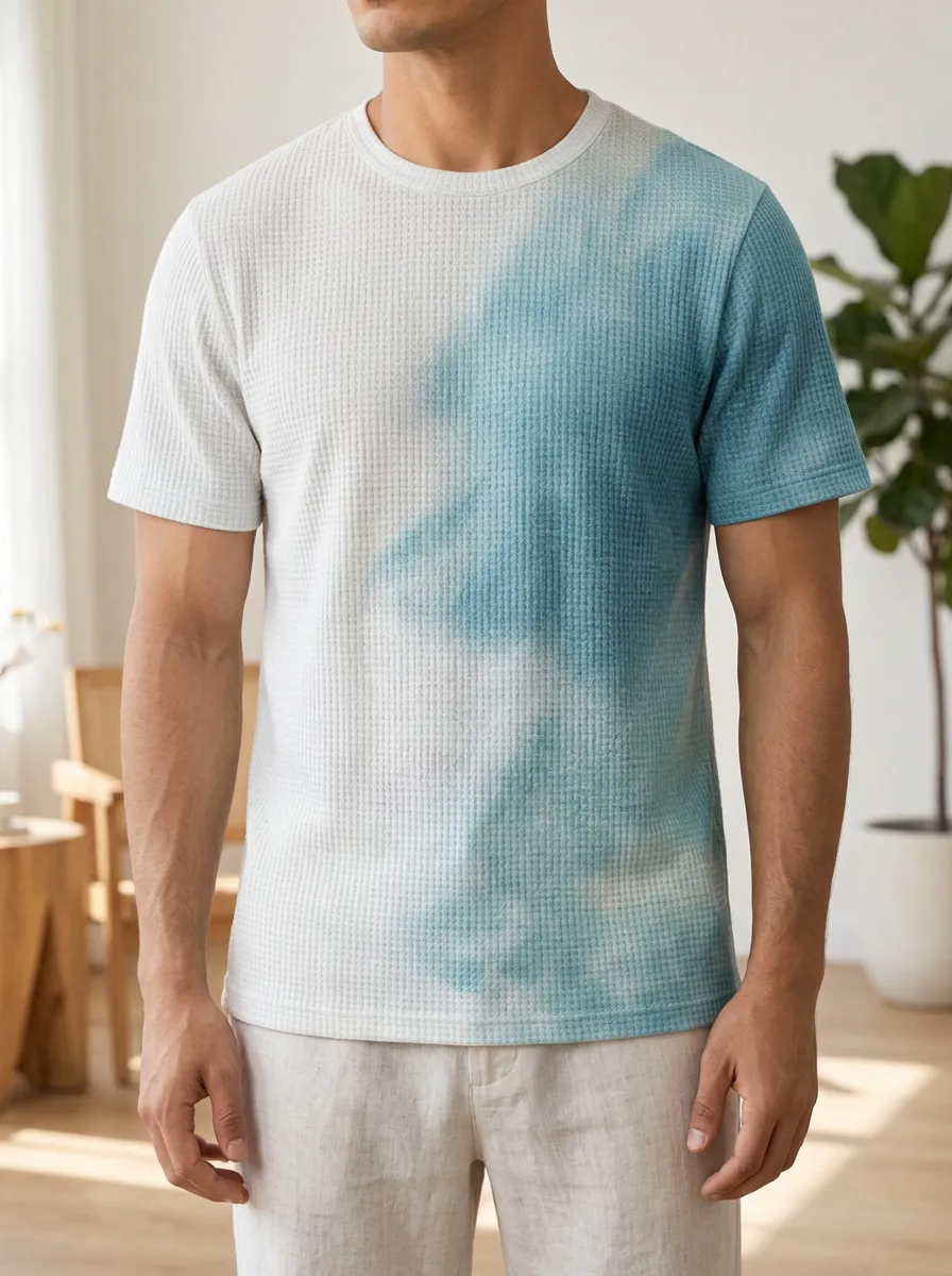 Men's Tie-dye Waffle Knit Vintage Crew Neck T-Shirt
