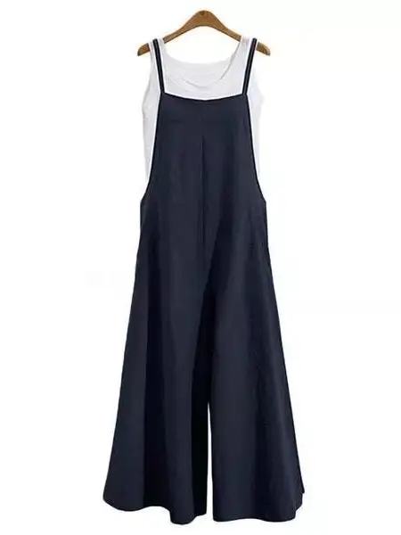 Women Casual Pure Color Loose Linen Tank Jumpsuit