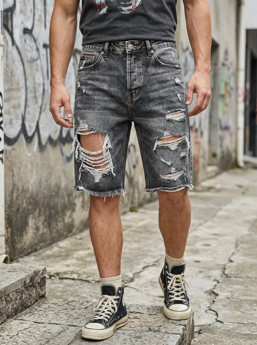 Men's Streetwear Distressed Washed Grey Denim Shorts