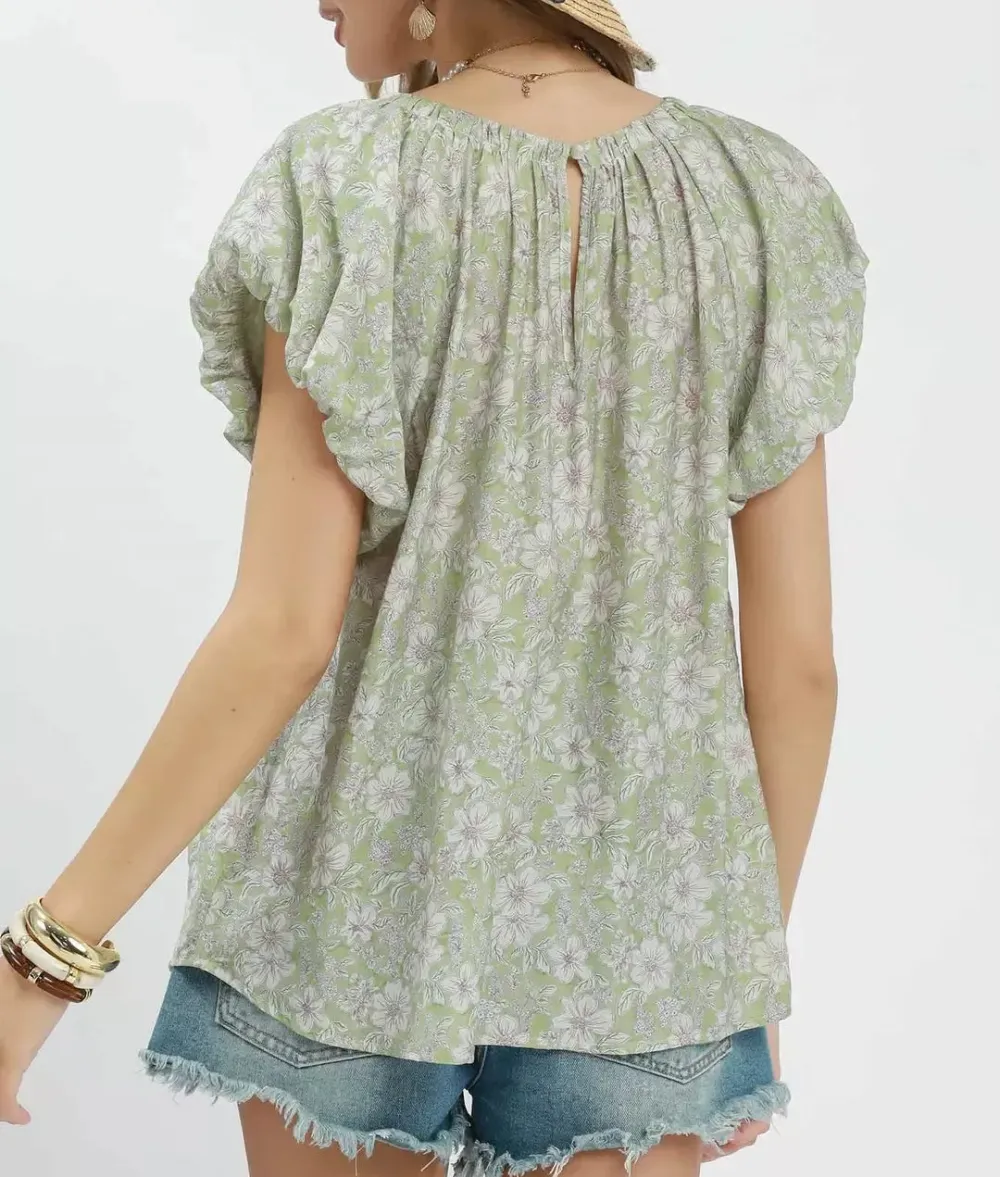 Floral Print Puff Sleeve Gathered Round Neck Pleat Detail Blouse
