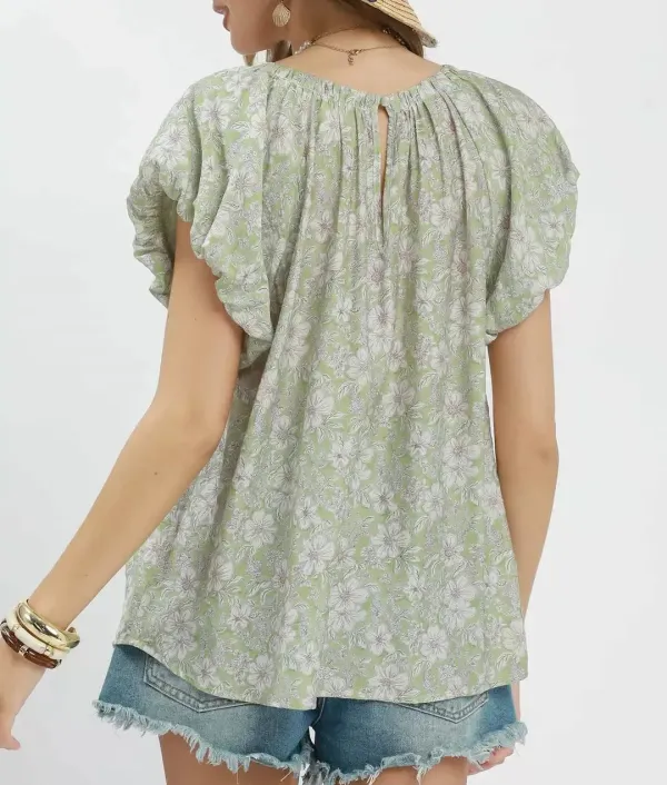Floral Print Puff Sleeve Gathered Round Neck Pleat Detail Blouse