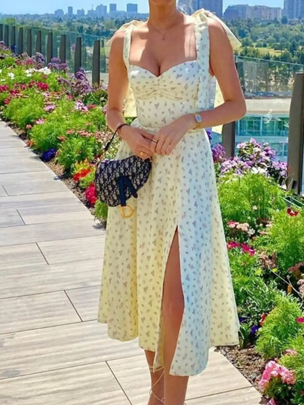 Gathered Detail Floral Printed Slit Midi Dress