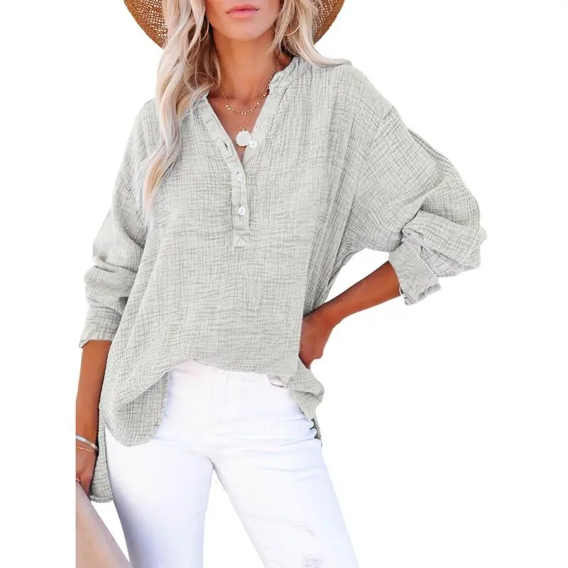 Women's Casual Button V Neck Long Sleeve Shirts Oversized Solid Blouses Tops 100% Cotton