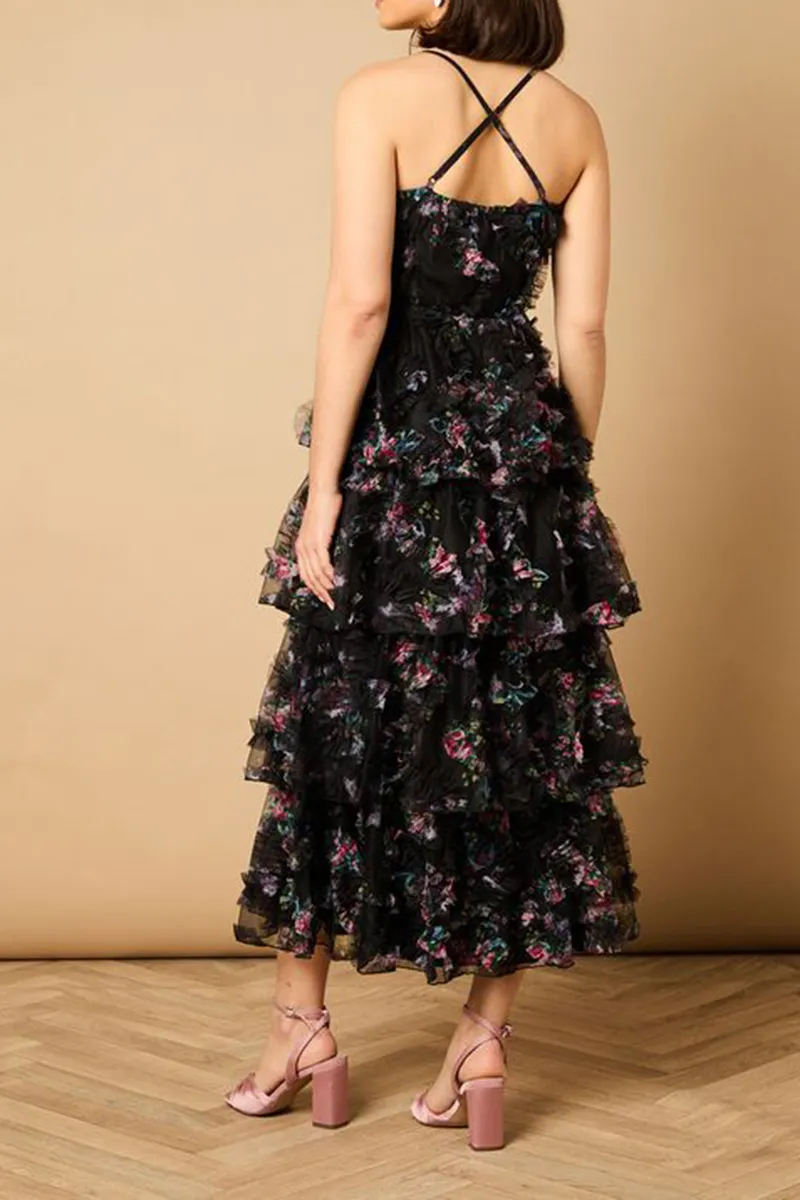 Casual Style Floral Textured Strappy Dress