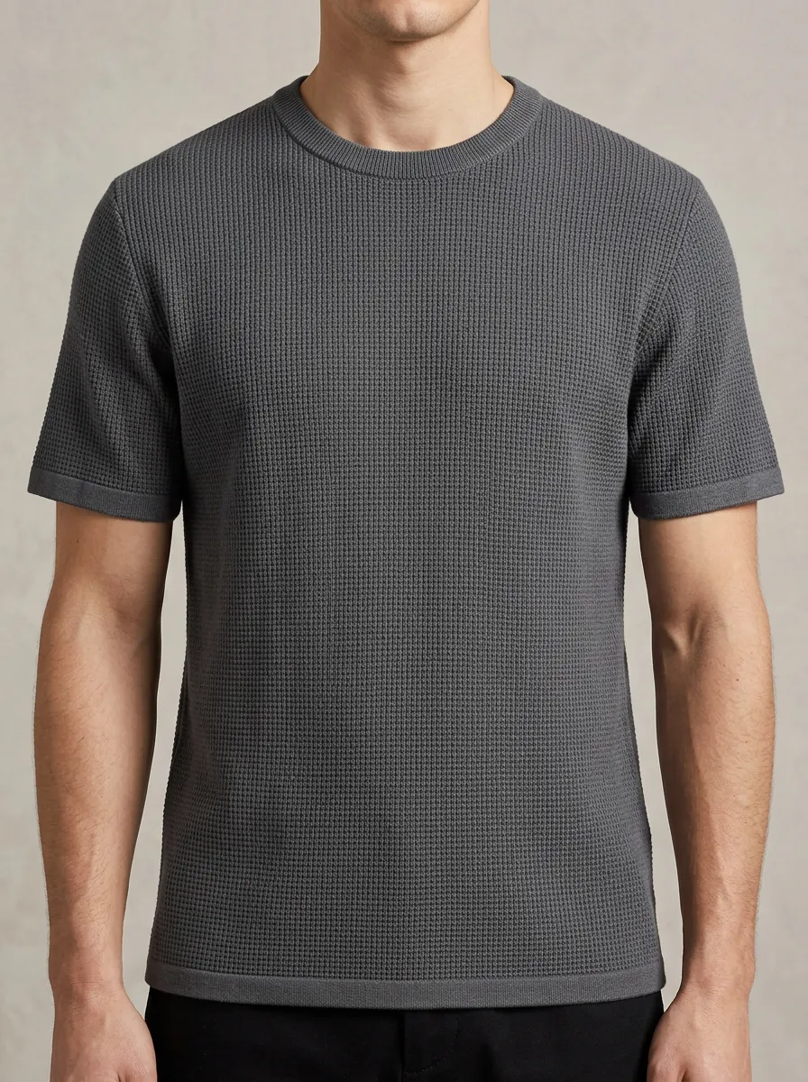 Waffle-Knit Minimal Men's Knit Crew-Neck T-Shirt