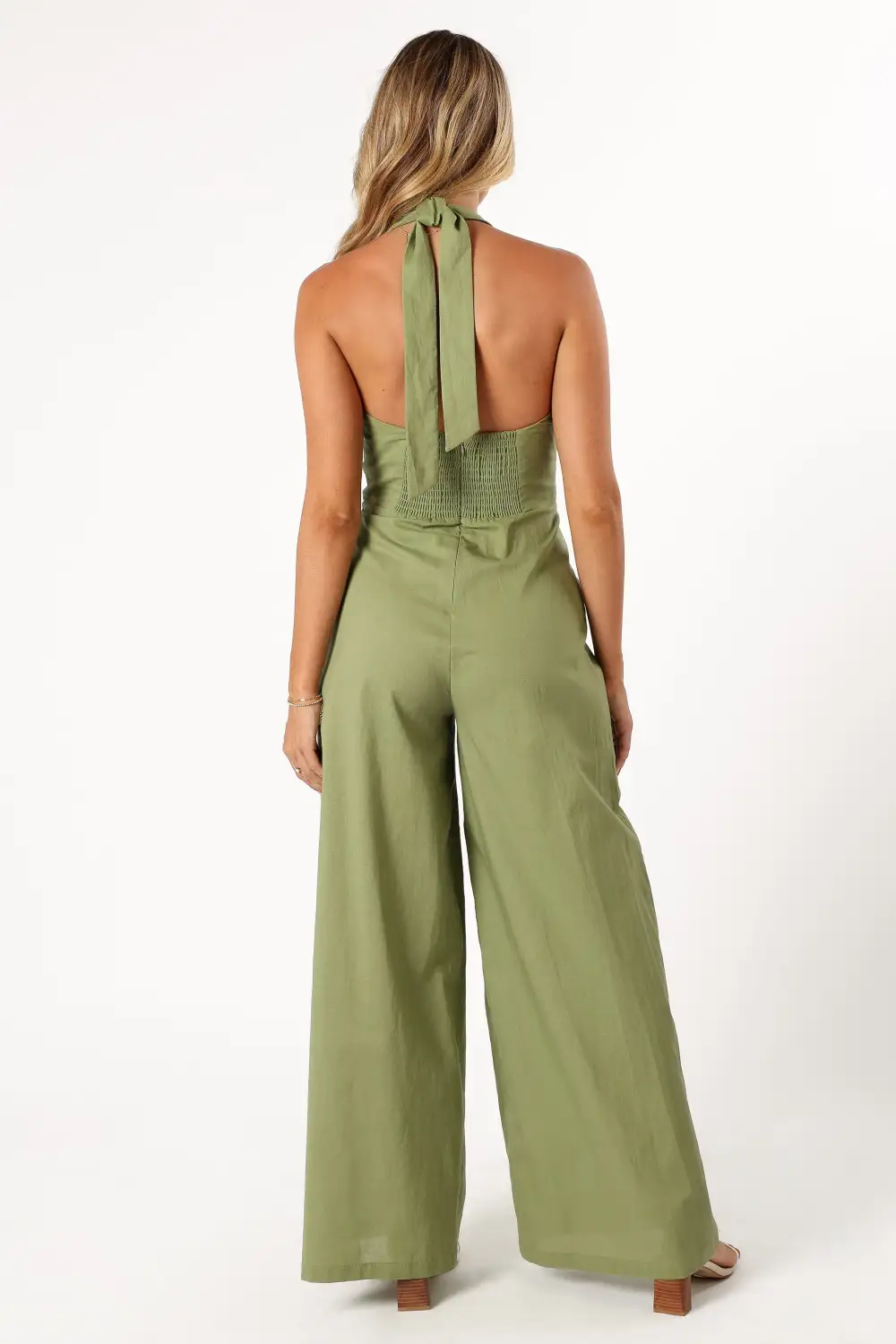 Halter V-Neck Open-Back Wide-Leg Sleeveless Jumpsuit