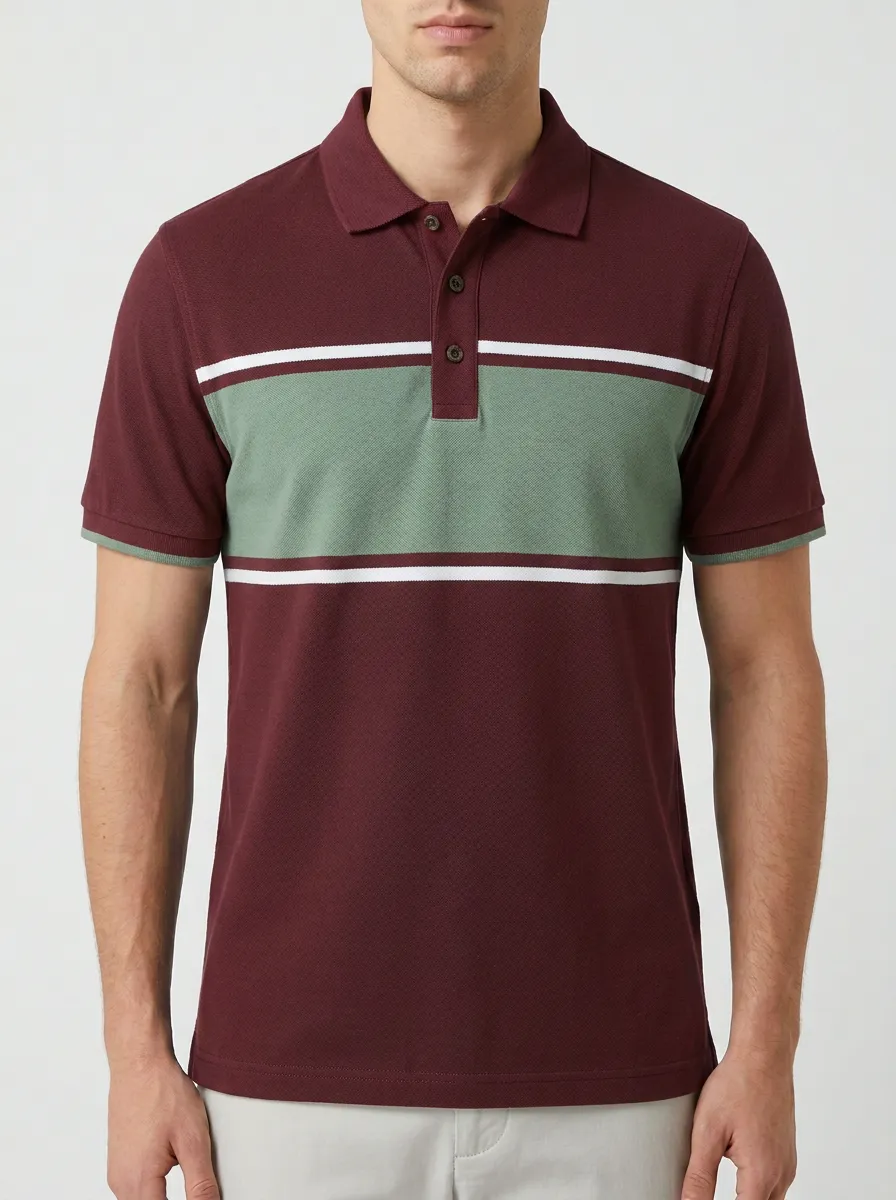 Men's Classic Ribbed Textured Striped Colorblock Polo Shirt