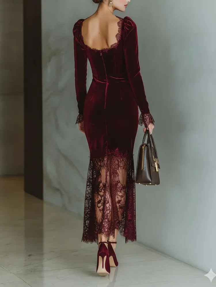 High Neck Velvet Lace Maxi Dress