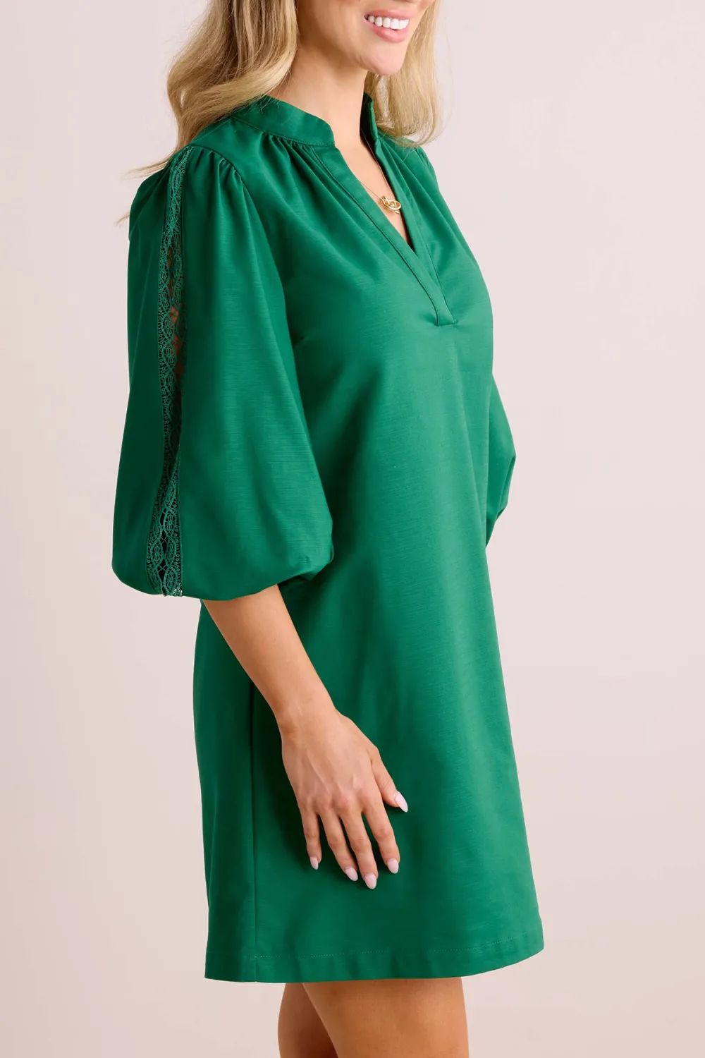Green Stand Collar Puff Sleeve Shift Dress