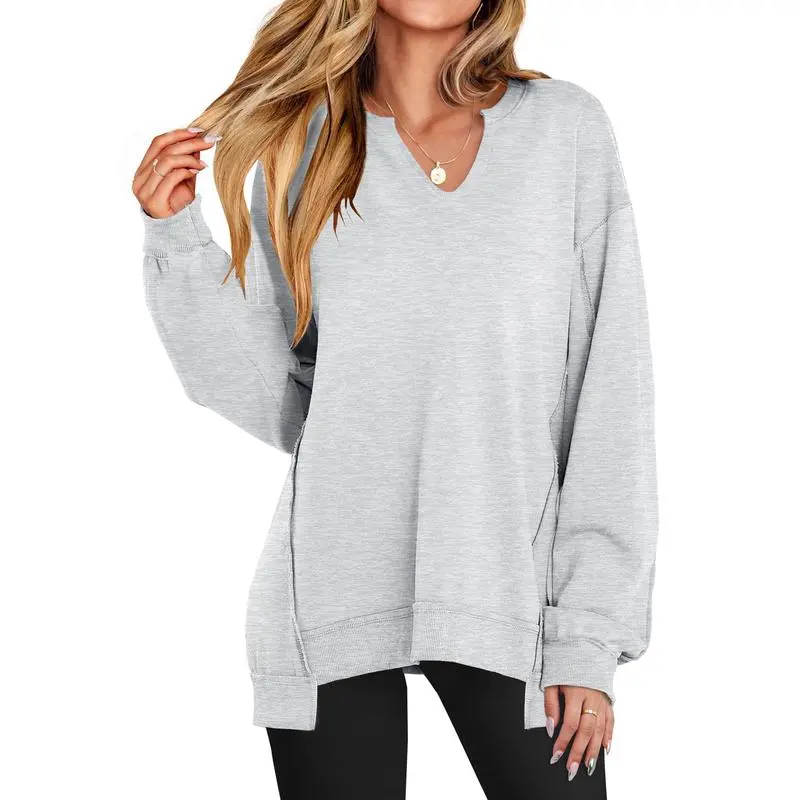 Women's Oversized Sweatshirt V Neck Long Sleeve Tunic Lightweight Pullover
