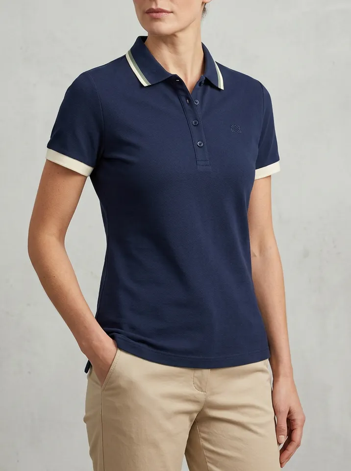 Women's Navy Blue Contrast Trim Embroidered Logo Polo Shirt